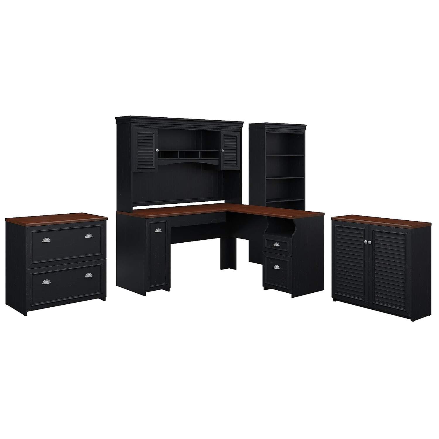 HomeStock 60W L-Shaped Desk with Hutch, Storage Cabinets, and 5-Shelf Bookcase ? Antique Black and Hansen Cherry Finish, Multiple Organizational Features for Home Office