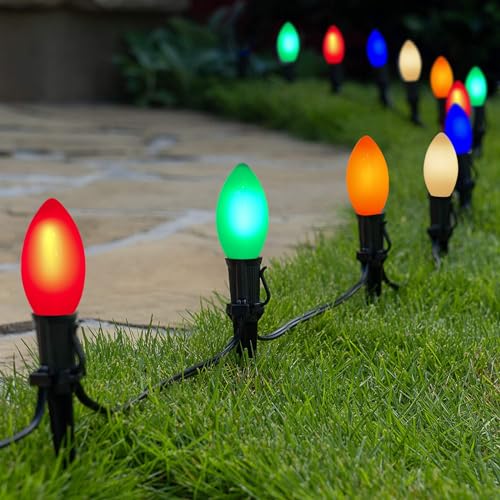 Image of C9 Multicolor Christmas Lights Outdoor, 25Ft Vintage Christmas String Lights with 26 Colorful Ceramic Bulbs, Hanging Patio Lights for Outdoor Roofline Christmas Tree Garden Pathway Decor, Green Wire