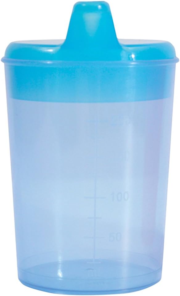Drinking/Feeding Cup with 2 Spouts and graduated measurements on Side. Narrow Spout for drinking Liquids, Wider Spout for more Solid or Blended Food. Easy to hold and use. Reduces risk of Spillage.
