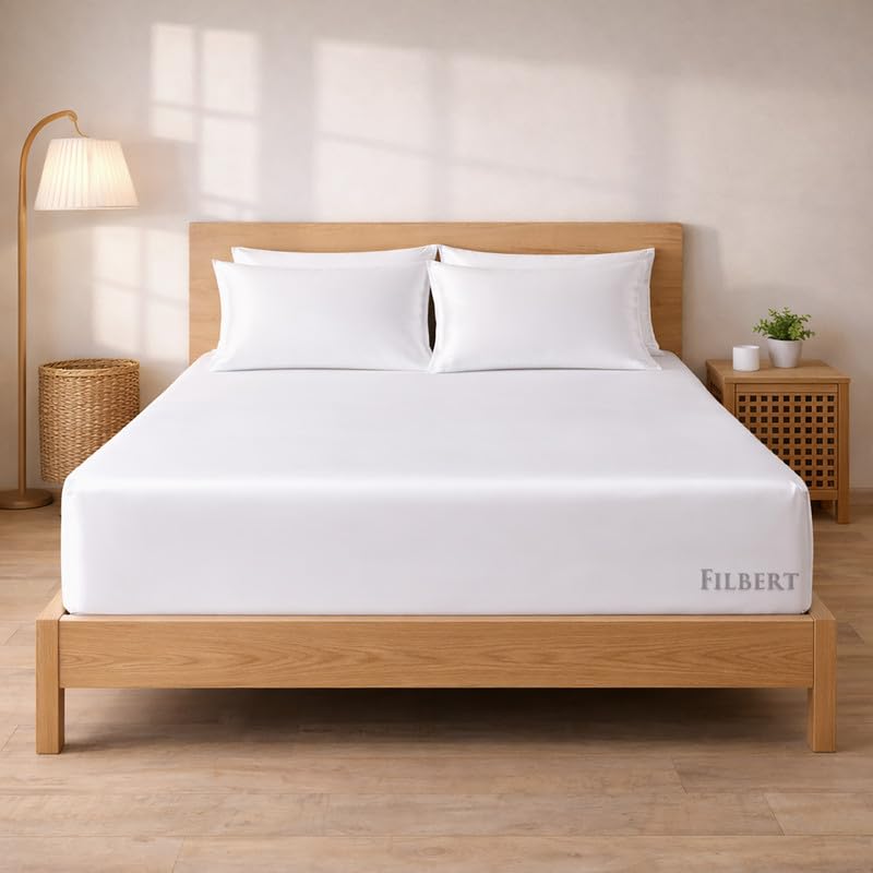 Image of Filbert - Premium Satin Fitted Bedsheet Single Bed (36x75 Inch) with 1 Pillow Cover | Hypoallergenic Breathable | Hair and Skin Friendly, Women Gift Choice|White