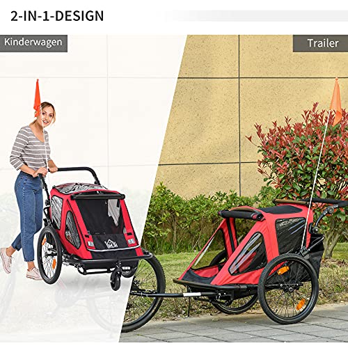HOMCOM Kinderanhänger 2 in 1 Design Fahrradanhänger mit Aufbewahrungstasche Kinderwagen mit Mesh-Tür Fahne 360° Drehbar Klappbarer Kinderanhänger Metall Oxford Rot+Schwarz 160 x 83 x 96 cm