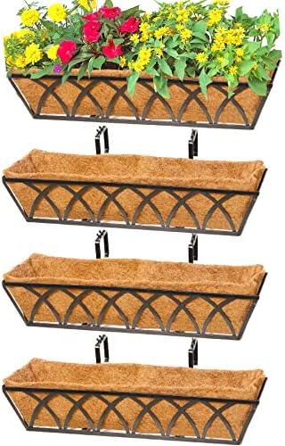 HFHOME 24 inch Window Deck Rail Planter Including Coco Liner, 24" Dia Window Box Horse Trough with Coconut Coir Liners, Black Metal Hanging Flower Planter Basket for Indoor Outdoor Lawn - Set of 4