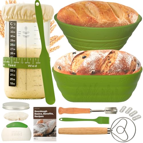 Sourdough Bread Baking Supplies 34 OZ Sourdough starter kit with 2 Bread Proofing Basket - Green - Thumbnail 7