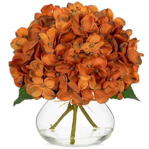 Image of Oairse Autumn Decorations Artificial Hydrangea Flowers Dark Orange Faux Flower in Glass Vase with Faux Water Silk Flower Arrangement for Home Office Wedding Thanksgiving Table Centrepiece Fall Decor