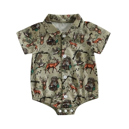 Baby Boy Hunting Outfit Duck/Camo Print Dress Shirt Bodysuit Lapel Button Summer Short Sleeve Romper Top