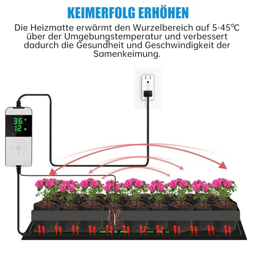 WADEO Heizmatte für Pflanzen, Sämlinge Heizmatte Wärmematte 30 W mit Thermostat 5°C bis 45°C, Gewächshaus Wärmematte Wasserdicht mit Timerfunktion, für Setzlingskeimung Sämling Germination, Terrarium
