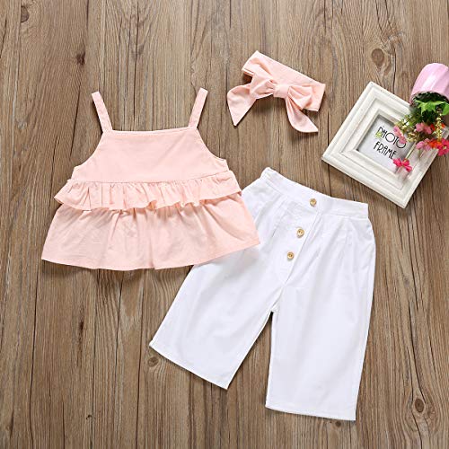 Toddler Baby Girl Tassels Ruffled Halter Crop Tops+Button Down White Wide Legging Pants 3Pcs Summer Strap Outfits 3T