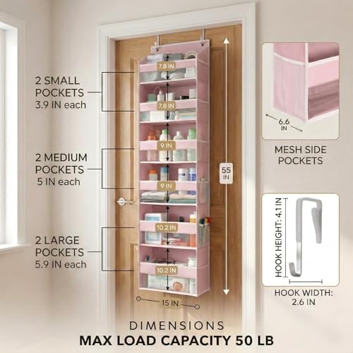 Image of HOMELUX THEORY UPGRADED 6 Tiers Over The Door Organizer Hanging - 100D EXTRA THICK & 50lbs HUGE CAPACITY, 12 Side Mesh Pockets Over The Door Shoe Organizer, Hanging Closet Organizer (Baby Pink, 2pc)