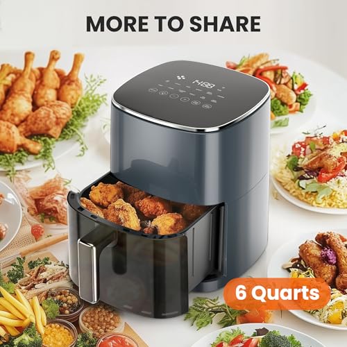 Image of Sweetcrispy Air Fryer 6QT with Window, Square Airfryer Oven 12-in-1 for Family, 400F Rapid Air Crispy Technology, Roast Bake Dehydrate, Nonstick & Easy-Clean Basket,Grey