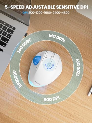 MAM1 Pro Wireless Trackball Mouse, Ergonomic Bluetooth Rechargeable Computer Mouse, Backlit Rollerball Thumb mice with 5 Level DPI, Adjustable Angle, 3 Devices Connection for PC, Windows - White Mouse - Image 5
