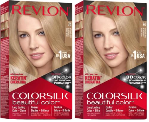 Revlon – Colorsilk Beautiful Color, Coloración Capilar Permanente, con Keratina y Aminoácidos, Color Intenso, Larga Duración, Sin Amoníaco, Resultado Natural, Tono 74 RUBIO MEDIO (Paquete de 2)