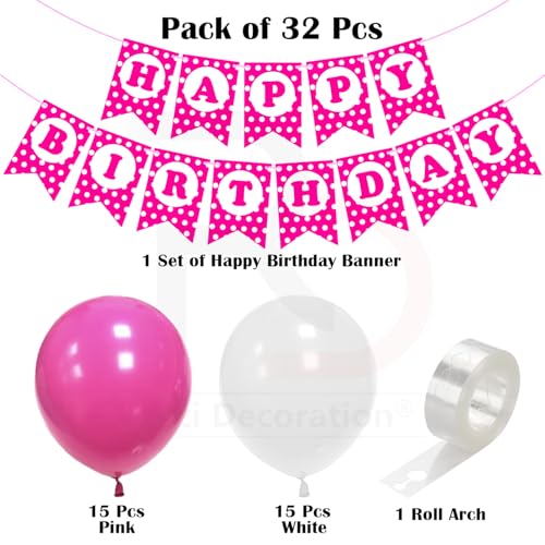 Image of Rozi Decoration Pink and White Balloon Arch Decoration Kit with Happy Birthday Paper Banner, 32 Pieces Party Decor Set for Birthday Celebration, Girls Birthday Decor