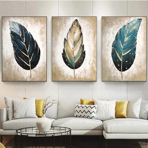Peinture sur toile plumes déco salon moderne triptyque chic