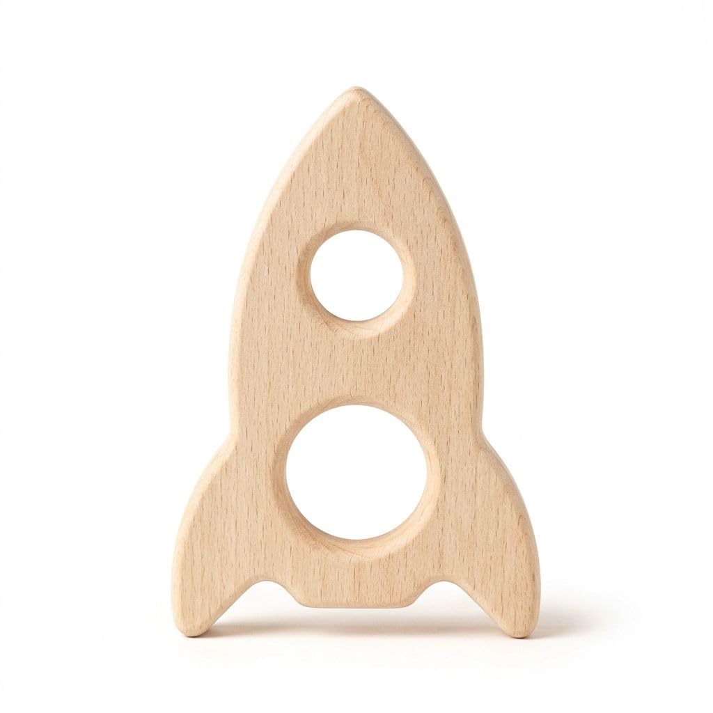 FRESH FUSION Natural Wooden Baby Teether Toy for Infants, Rocket Shape Easy Grip Teething Ring, Smooth Hand-Polished Wooden Chew Toy for Newborns & Toddlers-picture-25