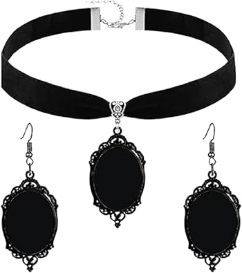 Gothic Necklace Earrings Set for Women,Vintage Black Velvet Witch/Crow/Bat Glass Pendant Necklace Punk Style Crystal Cameo Glass Jewelry Set Goth Victorian Costume Halloween Accessories
