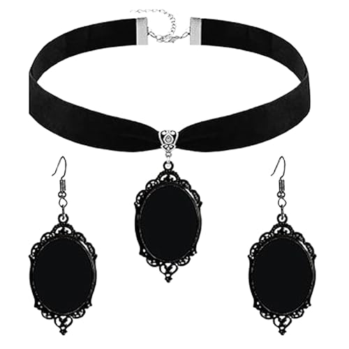 Gothic Necklace Earrings Set for Women,Vintage Black Velvet Witch/Crow/Bat Glass Pendant Necklace Punk Style Crystal Cameo Glass Jewelry Set Goth Victorian Costume Halloween Accessories - Black