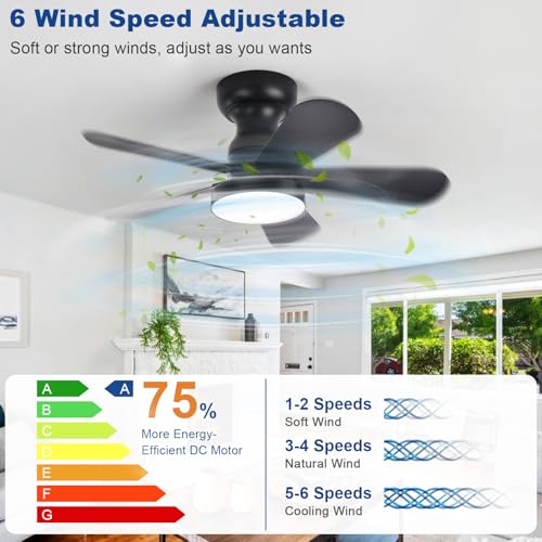 Image of Depuley Black Ceiling Fan with Lights: 28-Inch Flush Mount Fan with Light and Remote - Low Profile Ceiling Fans Reversible Quiet DC Motor for Bedroom Living Room Indoor Outdoor