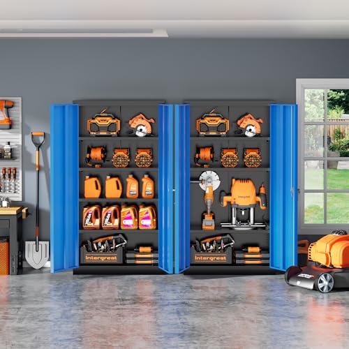 Image of INTERGREAT Metal Storage Cabinet with Doors, 72 inch Locking Steel Storage Cabinet with Shelves, Tall Metal Cabinet Lockable Steel Cabinets for Home Office, Garage,(Black+Blue)
