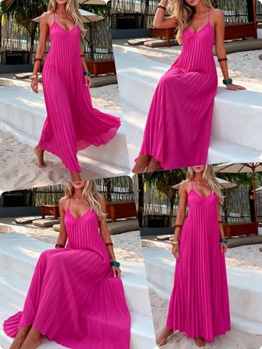 Image of Women's Summer Casual V Neck Sleeveless Strappy Pleated Flowy Loose Maxi Long Beach Dress