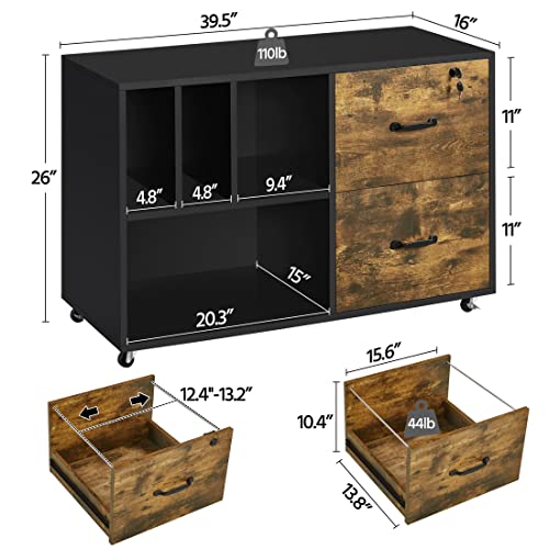 Topeakmart Vintage Lateral Filing Cabinet Mobile Letter Size A4 Size File Cabinet With 2 Drawers And 4 Open Storage Compartments, Mobile Printer Stand For Home And Office Black/Rustic Brown #TOP3