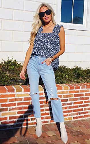 Prettygarden Womens Blouse Sleeveless Boho Floral Tank Tops Summer Casual Sleeveless Shirts Tops Pleated Smocked Tank T Shirts (Light Blue, Large) #TOP7