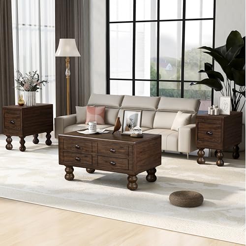 KUVADAZ 3 Pieces Living Room Table Set, Mid-Century Modern Coffee Table Set of 3, Retro Coffee Table and 2 End Tables with Drawers and Rivet Decoration Legs for Living Room, Easy Assembly, Espresso