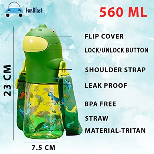 Image of FunBlast Dinosaur Water Bottle for Kids - Cartoon Design Anti-Leak Tritan Bottle With Sipper for School - 560 ML (Green, Pack of 1)
