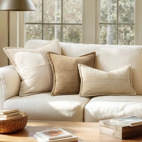 Image of MIULEE Decorative Lumbar Throw Pillow Covers for Couch Bed Livingroom 12x20 Inch Set of 2 Cream Boho Accent Throw Pllows Broadside Striped Patchwork Soft Corduroy Pillowcases