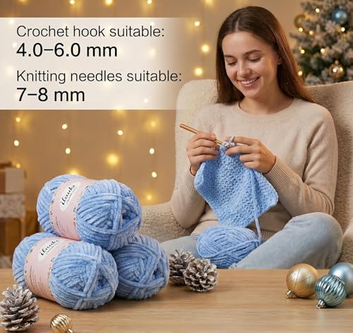 ilauke Blaue Chenille Wolle 3x100g zum Häkeln und Stricken – Bild 5