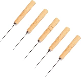 Hicello 5 Packs Sewing Awls, Leather Sewing Needle with Wood Handle, Pinpoint Stitching Sewing Awl Repair Tool for DIY Handmade Cloth Leather Shoe