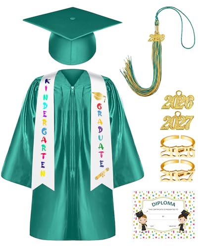 Sasylvia 9 Pcs Kindergarten Preschool Graduation Gown Cap Set with 2026 2027 Tassel Kids Graduation Stole Rings Certificate(Size 27,Green)