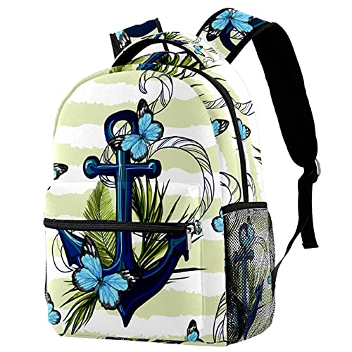 Mochila de viaje de rayas para portátil de 14 pulgadas con diseño náutico de mariposas y ancla