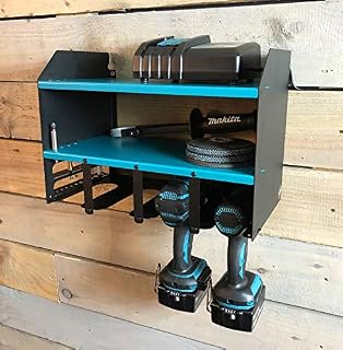 MegaMaxx Power Tool and Drill Storage Unit Charging Station for 4 Tools and 2 Shelf - Wall Mount Toolbox Rack Cabinet for Workshop, Garage, Shed, Van, Drill Driver, Impact Gun Organiser (Blue)