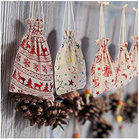 Feliciay 24 Pcs Drawstring Gift Bags Sacks Jute Jewelry Present Pouches Color Print Linen Burlap Bag Christmas Treat for Party Favors Bronzing Pouch Candy Goody Wrapper Birthday Favor Supplies