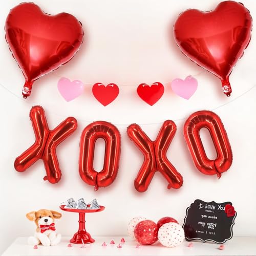 Image of Red XOXO Heart Balloons 6 Pcs Valentines Day Balloons Red Heart Shaped Balloon XOXO Foil Balloon Letters for Girls Women Anniversary Sweet Valentine Day Romantic Decorations Special Night Party