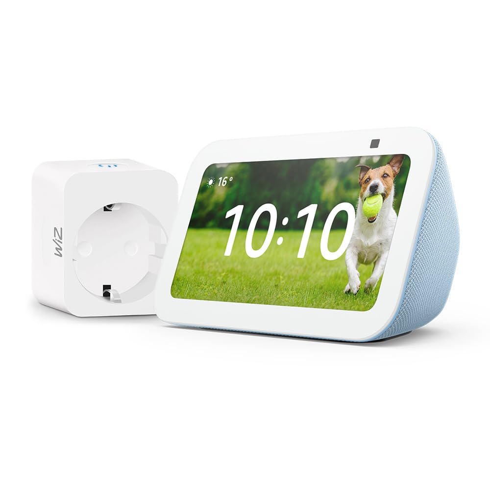 Echo Show 5 (3.ª generación) | Gris azulado + WiZ Enchufe Inteligente, compatible con Alexa - Kit de inicio de Hogar digital