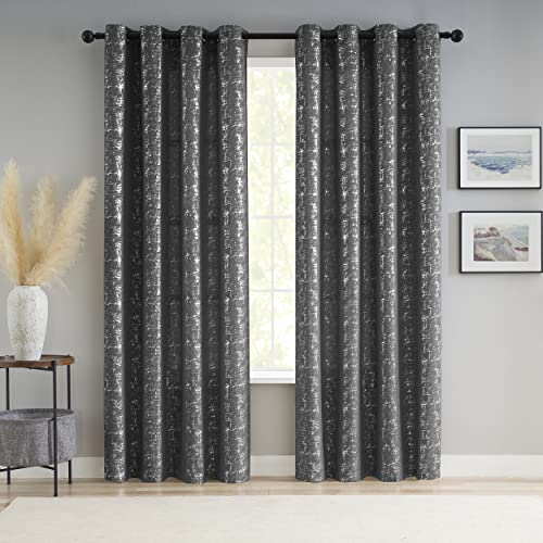 Taisier Home Silver Foil Print Linen Textured Curtains Geometric Dots Pattern Design Curtains for Bedroom Living Room Thermal Insulated Window Treatment 2 Panels 108" L,Dark Grey and Silver Curtains