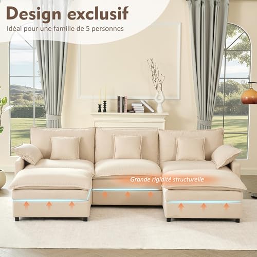 Litbird U-förmiges modulares Sofa 3-Sitzer Ecksofa mit Hocker, tiefes Sitzdesign, Cloud Couch für Wohnzimmer(Beige) – Bild 4