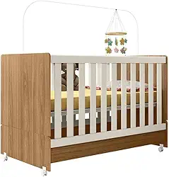 Berço 2 em 1 Mini Cama Infantil Encanto Peternella, Conversível, Branco, com Rodízios (Nature/Off white)