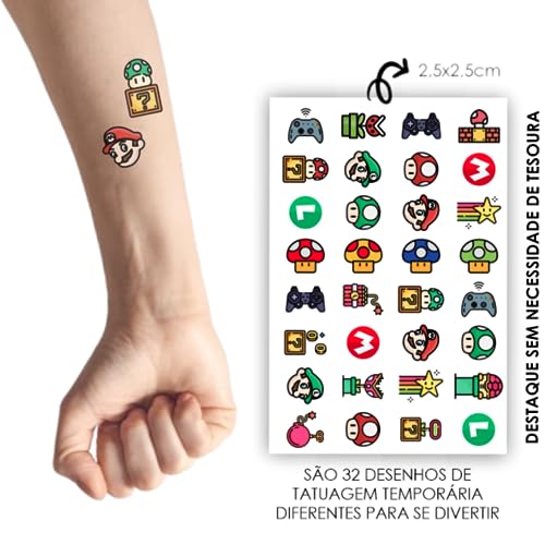 160 Tatuagem Infantil Temporária Mário | Kit Festa 32-062