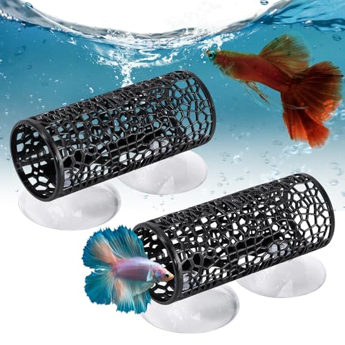 2 Pièces Tunnels pour Poisson Betta, Cachette Ajourée pour Aquarium avec Ventouses Transparentes, Matériau PP sans Danger, Longueur 10cm pour Petits...