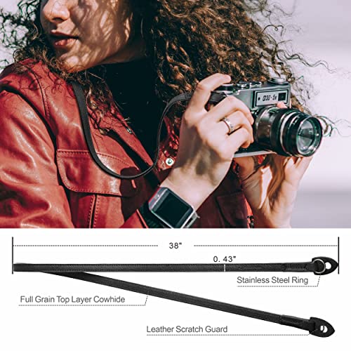 Padwa Black Genuine Leather Camera Strap And Camera Hand Wrist Strap Set - Full Grain Cowhide, Soft And Comfortable, Minimalist Camera Straps For Photographers Gift #TOP4