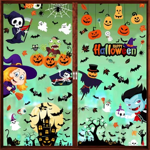 Zindoo Halloween Decoracion para Ventana 9 Hojas 101 PCS Pegatinas Halloween para Los Niños, Estampadas por Ambas Caras Pegatinas Electrostáticas Infantil para Ventanas Puertas Espejos Neveras