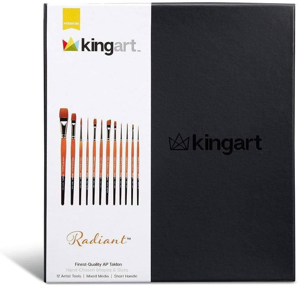 KINGART Radiant Series Premium Golden Synthetic Brushes for Acrylic, Oil and Watercolor, Gift Box, Set of 12 Paintbrushes