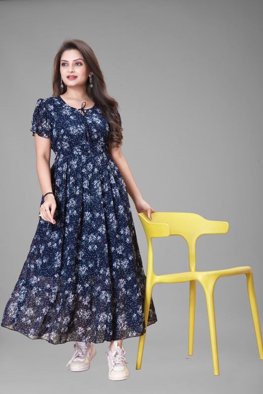 Image of Women's Printed Georgette Regular Fit Round Neck Short Sleeve Fancy Flare Long Dress
