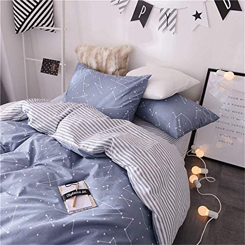 VClife Queen Duvet Cover Cotton Blue Constellation Galaxy Printed Bedding Comforter Cover Reversible White Gray Striped Bedding Set, Zipper Closure, Soft, Lightweight (No Comforter)