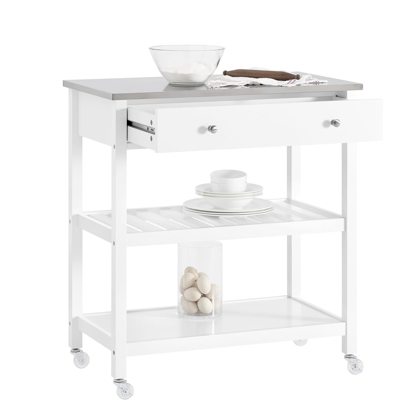 SoBuy Kitchen Trolley Cart Storage Kitchen Island on Wheels, Rolling Island with Stainless Steel Worktop Multi-Tier Serving Organiser Unit for Pantry, Outdoor, Dining Room White 81x45x90cm FKW47-II-W
