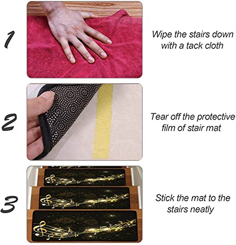 Music Notes Abstract Golden Music Notes On Rainbow Line Wave Carpet Stair Treads Safety Rug Resistant Indoor For Kids Self-Adhesive Step Non-Slip Stair Mats With Magic Tape- 30"X8"-13Pcs #TOP3