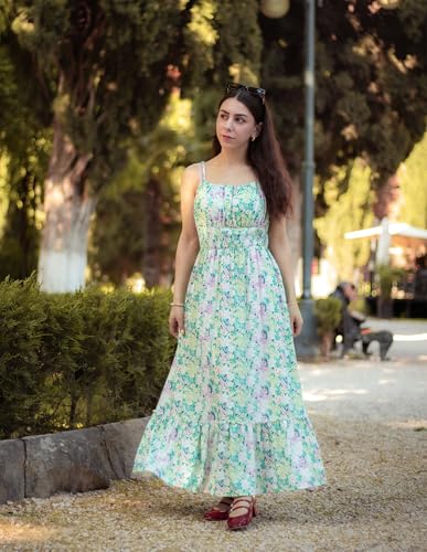 Image of GRACE KARIN Summer Dresses for Women 2026 Vacation,Smocked Floral Maxi Dresses,Boho Beach Long Sundress Green Flower XL