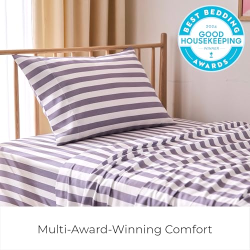 Image of Mellanni Twin Sheets Set - 3 PC Iconic Collection Bedding - Hotel Luxury, Extra Soft, Cooling Bed Sheets - Wrinkle, Fade, Stain Resistant (Twin, Oxford Stripe Hazy Lilac)